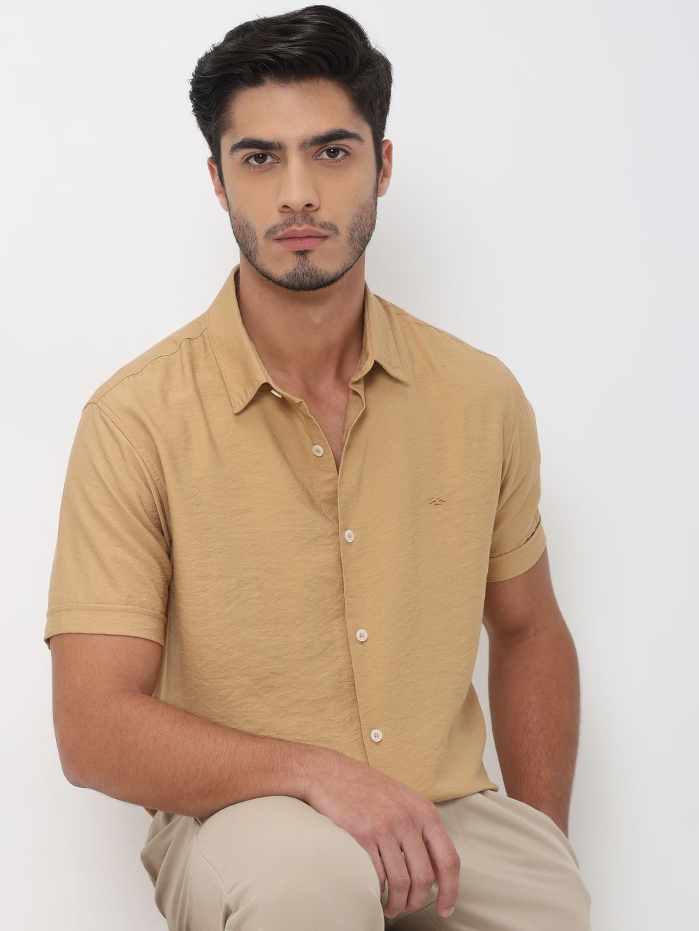 Light Khaki Textured Viscose Blend Plain Slim Fit Casual Shirt