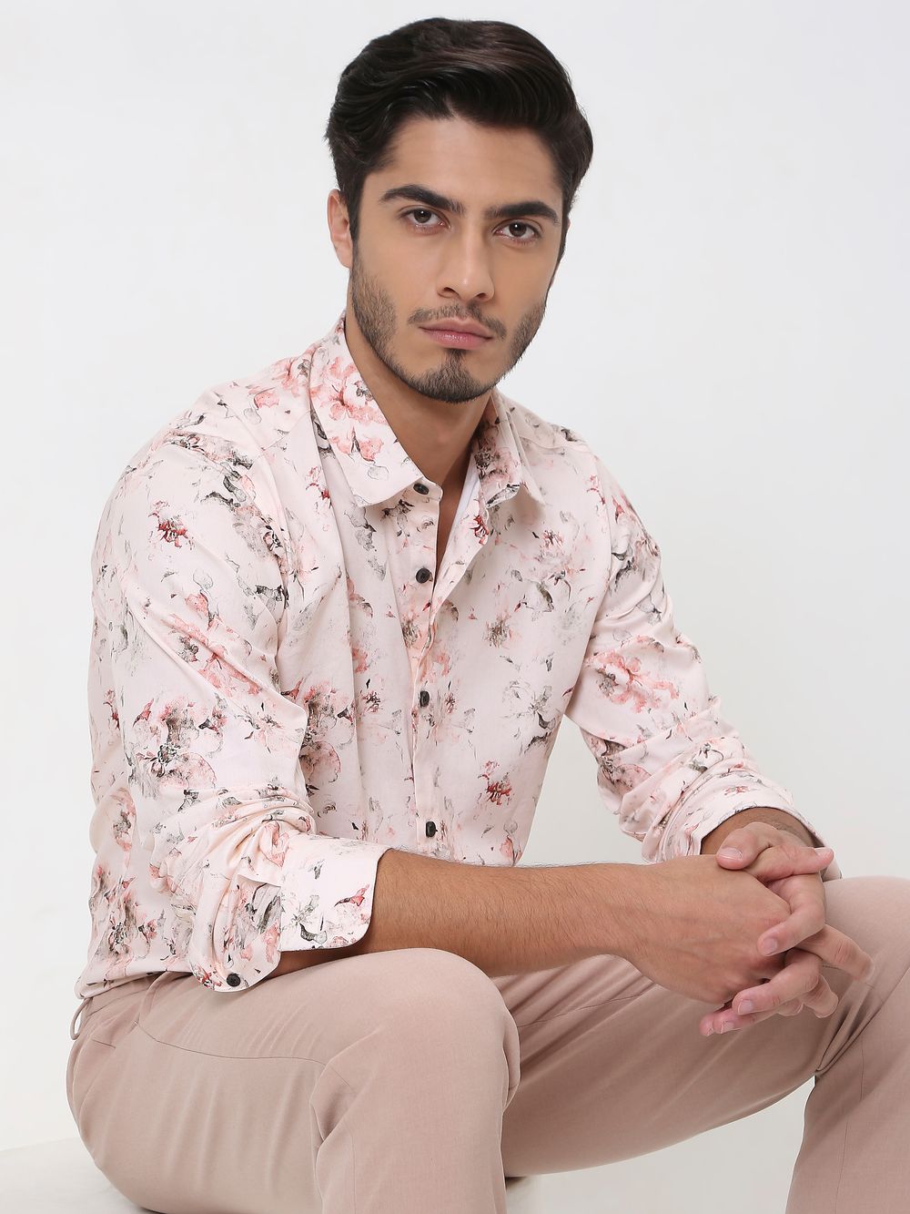 Pink Floral Print Slim Fit Casual Shirt