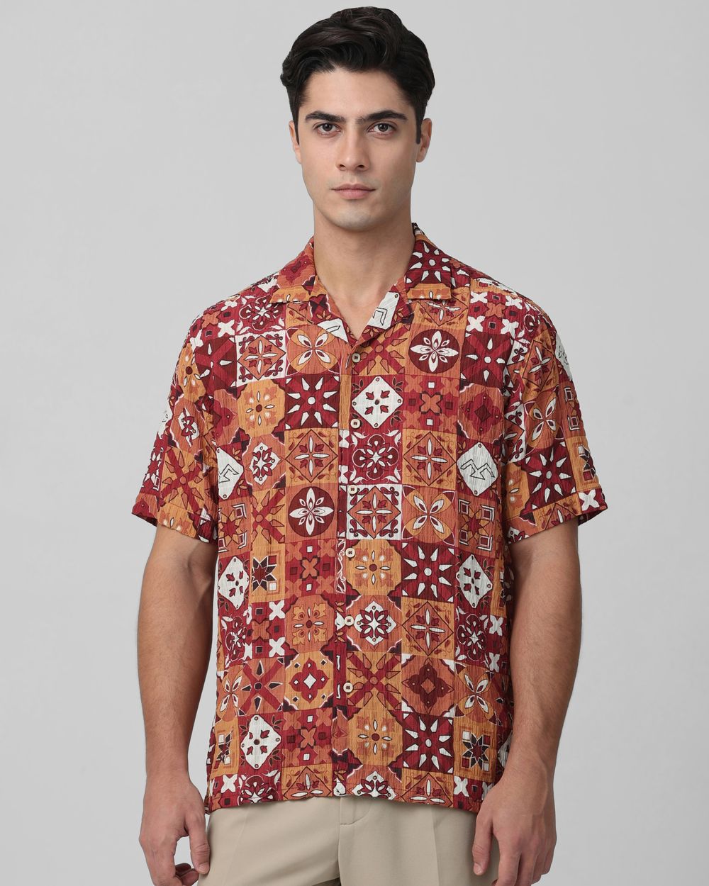 Rust Tile Print Relaxed Fit Casual Shirt