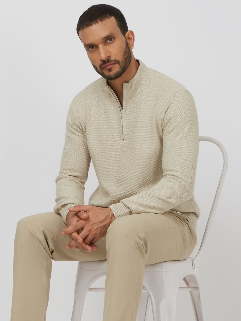 BEIGE MOCK NECK HALF ZIP SLIM FIT SWEATER