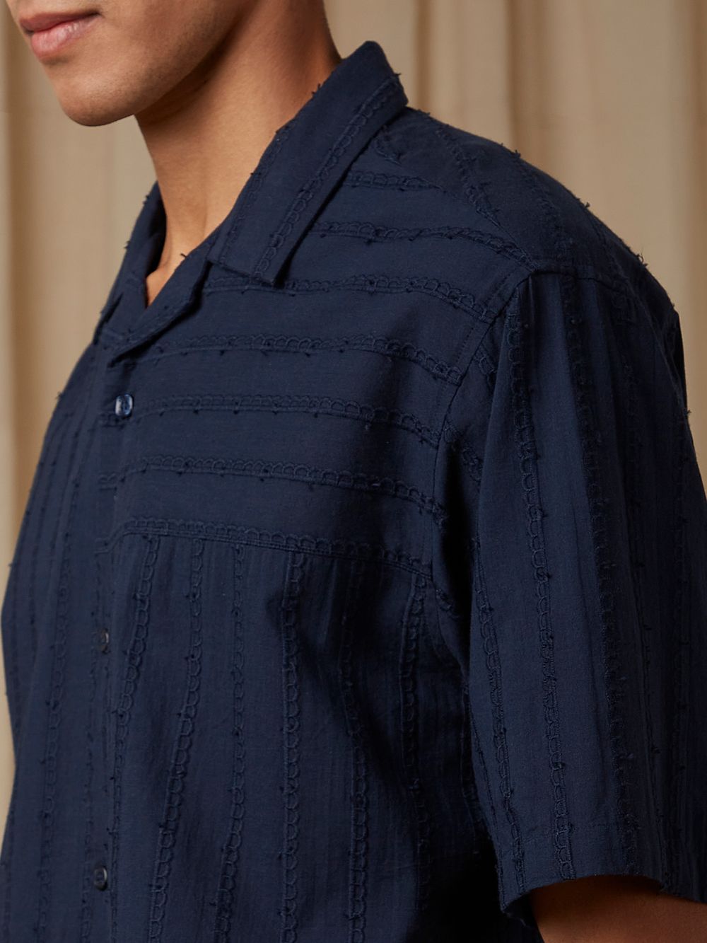 Navy Embroidered Plain Loose Fit Casual Shirt
