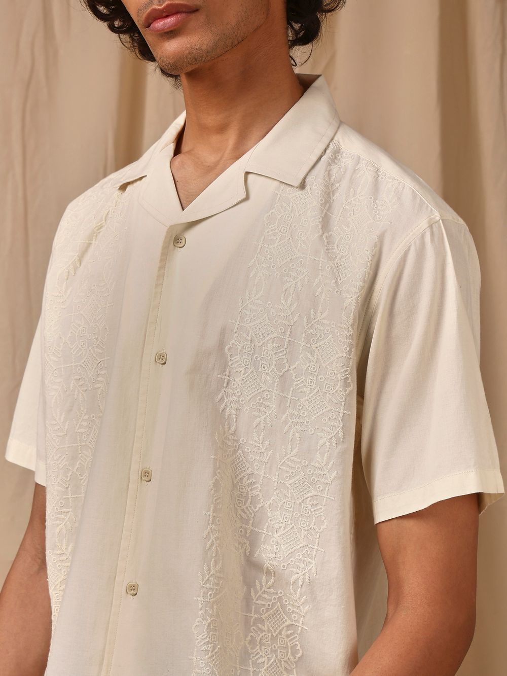 Off White Embroidered Plain Loose Fit Casual Shirt