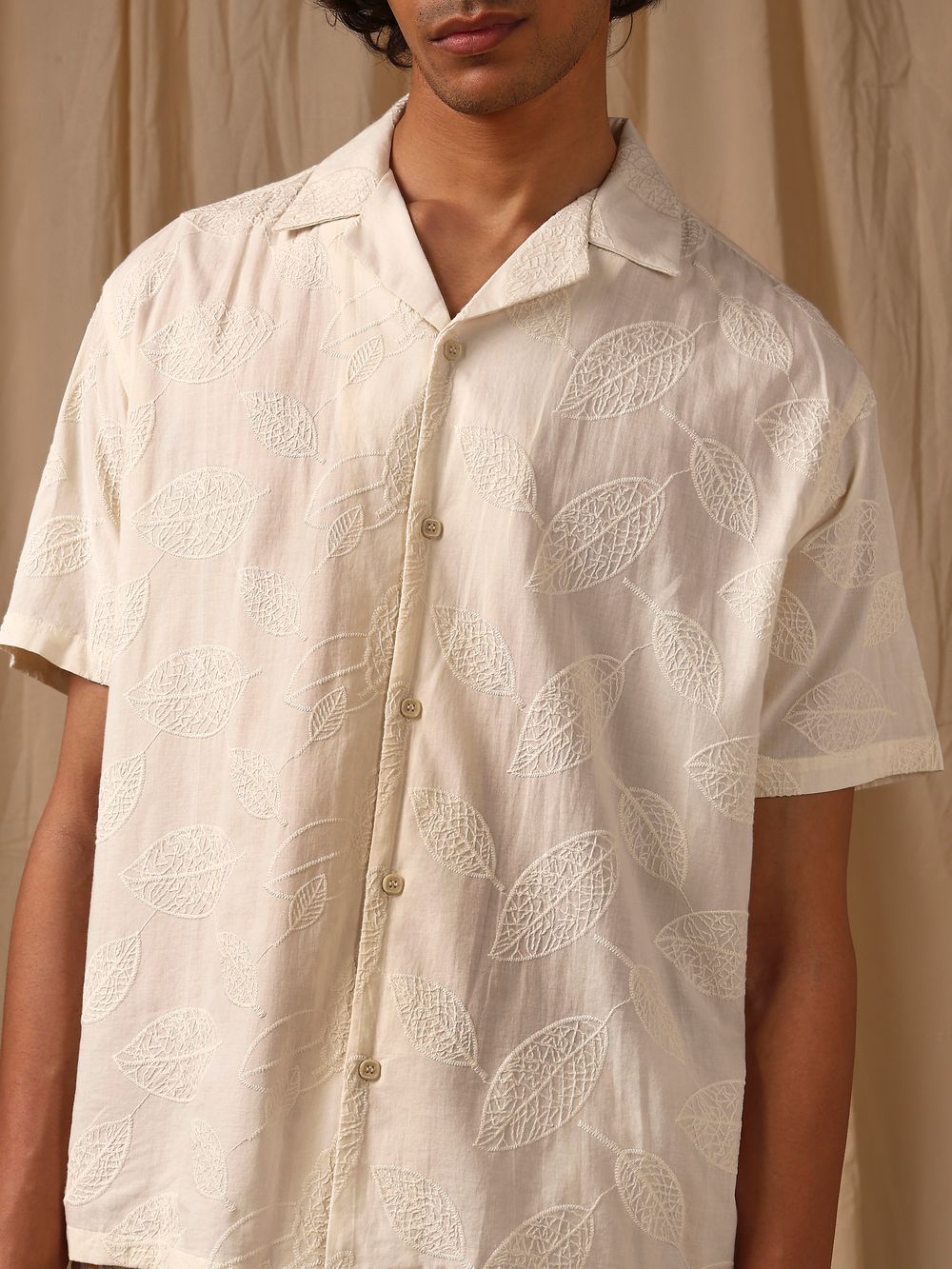 Off White Embroidered Plain Loose Fit Casual Shirt