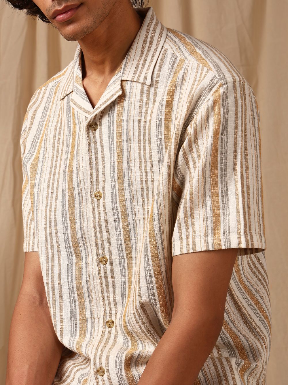 Beige Stripe Loose Fit Casual Shirt