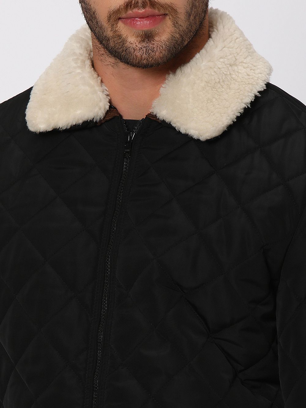 Black Quilted Sherpa Collar Jacket