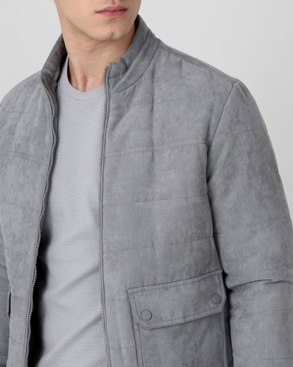【SATIIIZ】Nien Suede Quilted Jacket Buy Grey Quilted Suede Slim Fit Jacket Online at Muftijeans