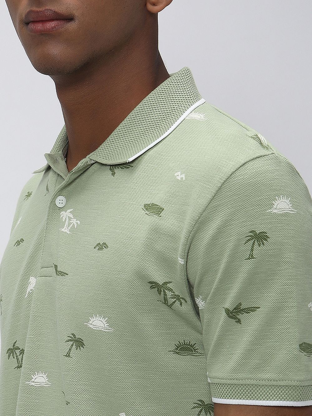 Light Olive & White Palm Print Polo T-Shirt