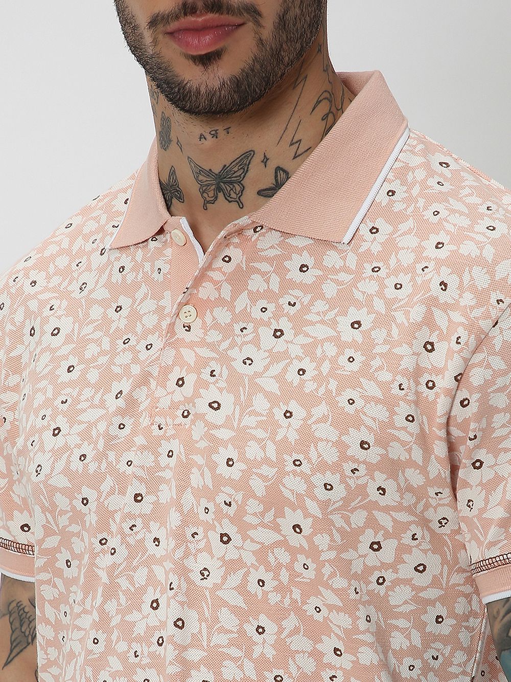 Peach & Off White Print Slub Pique Polo T-Shirt