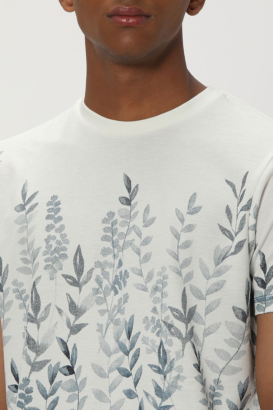 Off White & Navy Leaf Print Popcorn T-Shirt