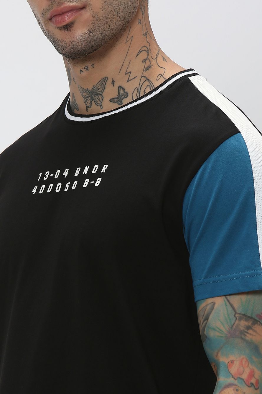 Black & Teal Cut & Sew Knitted Jersey T-Shirt