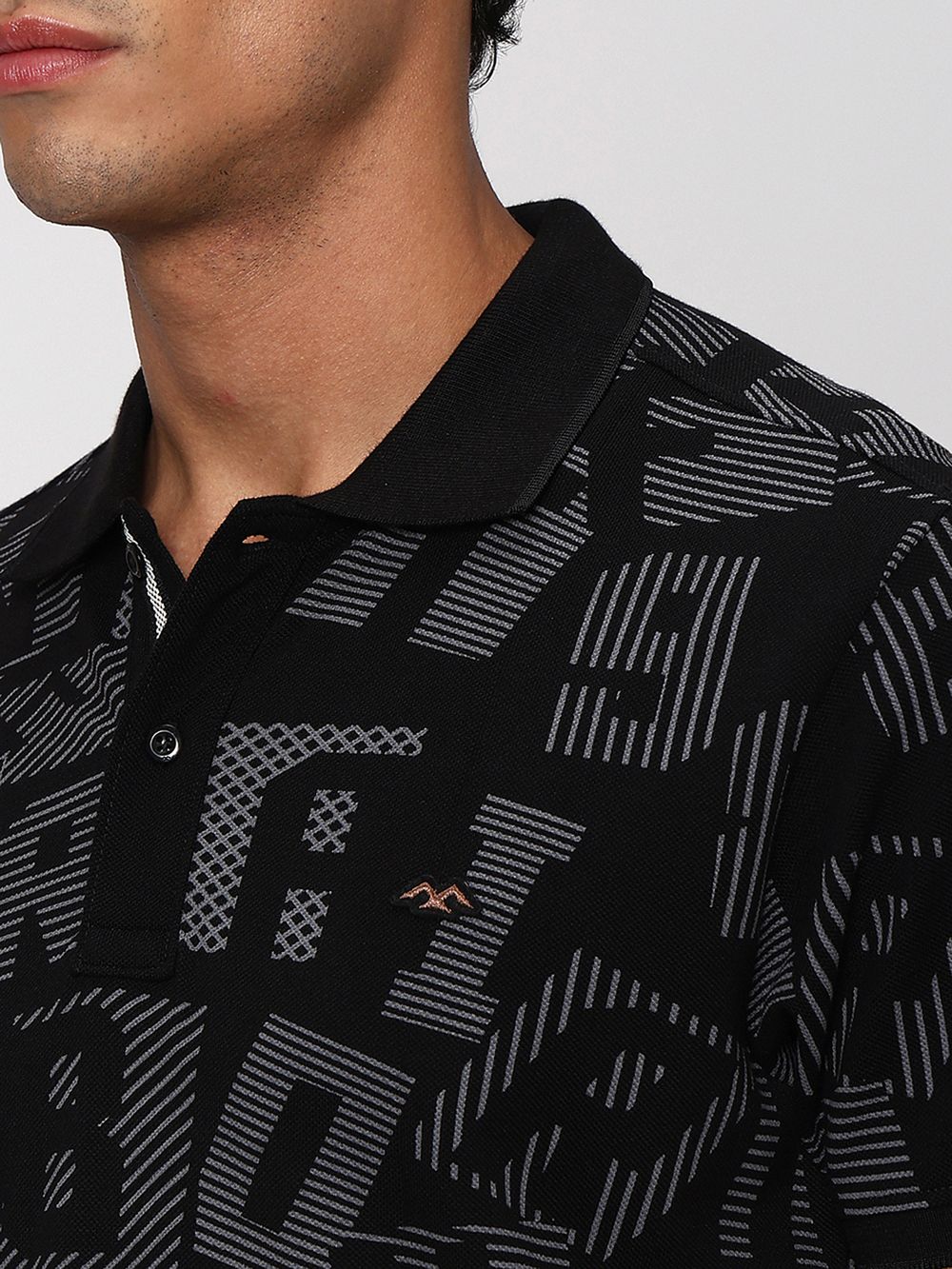 Black & Grey Abstract Print Pique Polo T-Shirt