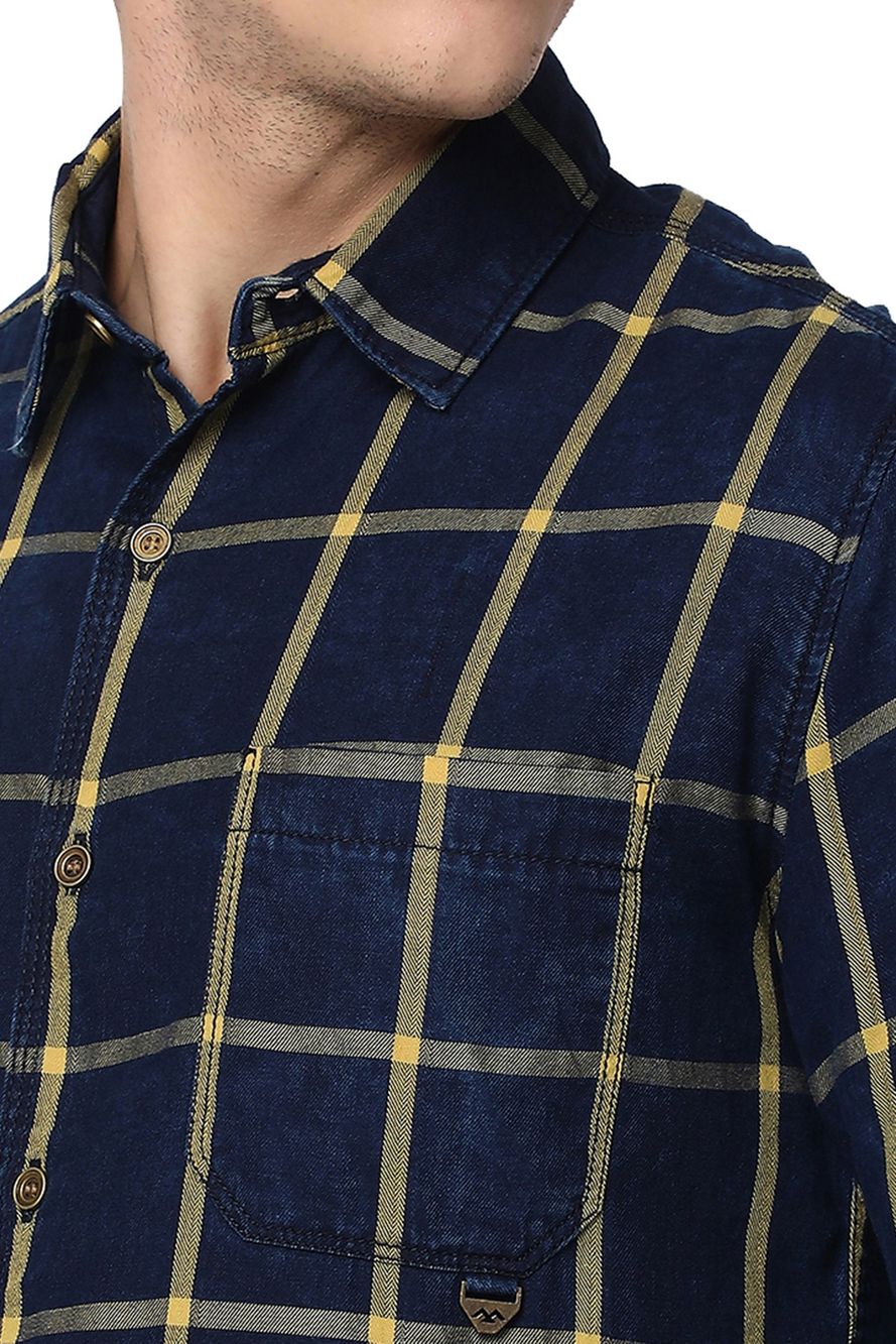 Indigo Blue & Mustard Windowpane Check Slim Fit Casual Shirt