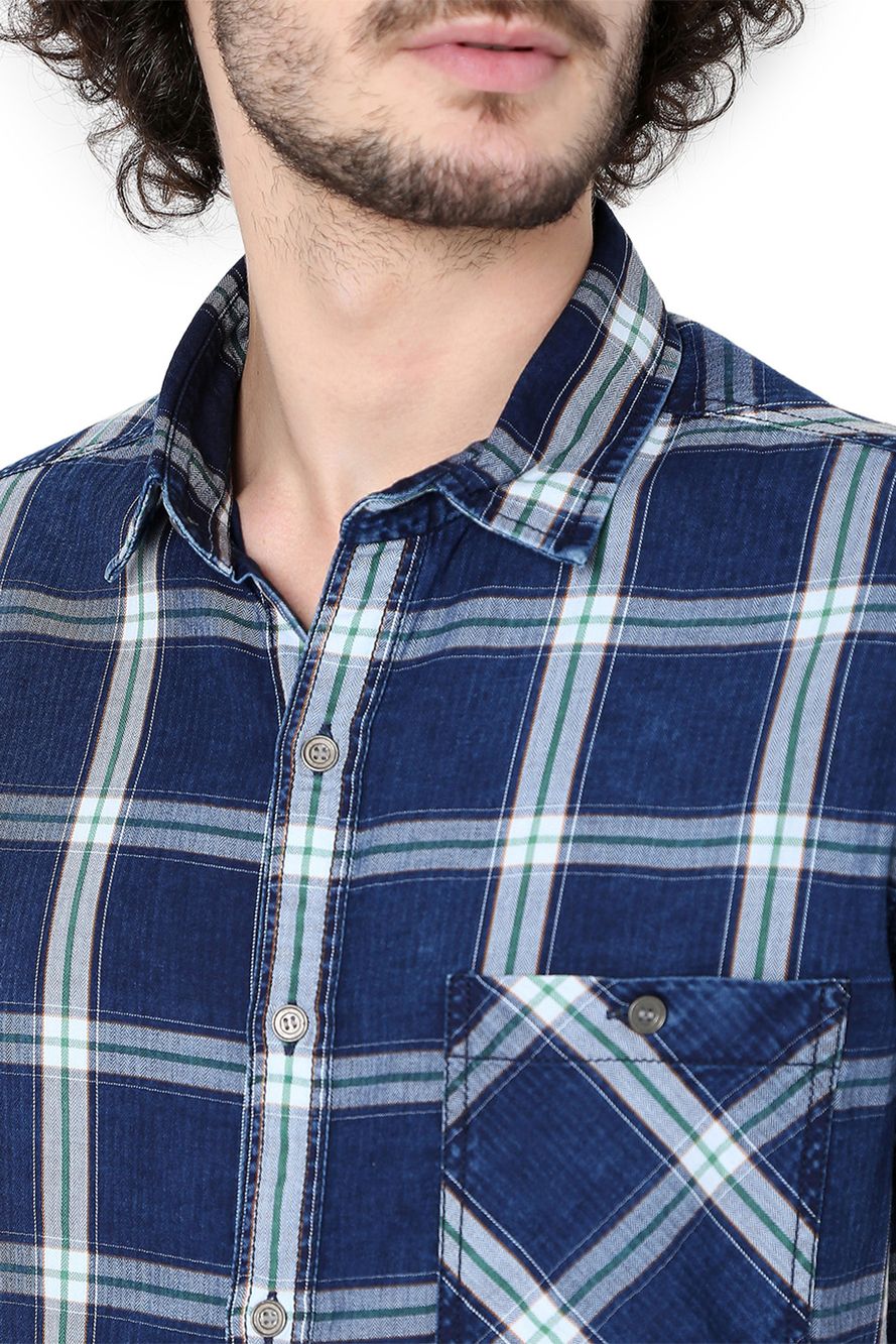 Indigo & White Check Slim Fit Casual Shirt