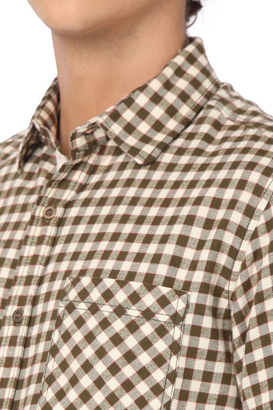 Off White & Olive Flannel Check Slim Fit Casual Shirt