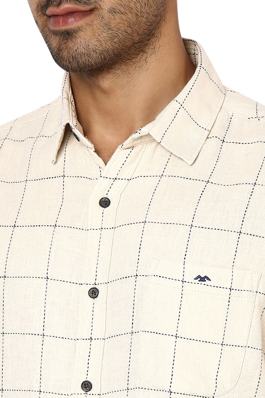 Off White & Navy Windowpane Check Slim Fit Casual Shirt