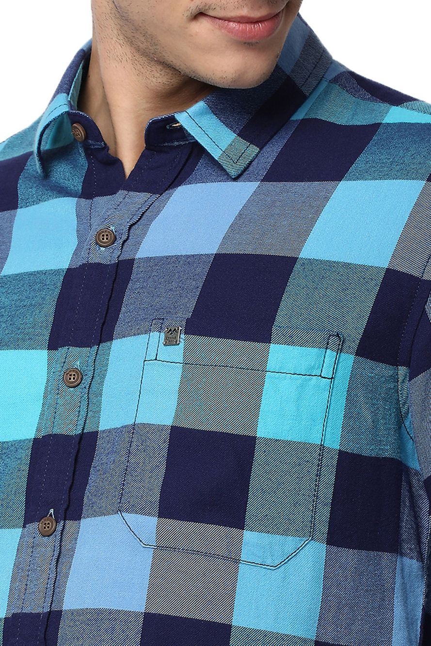 Turquoise & Navy Madras Check Slim Fit Casual Shirt
