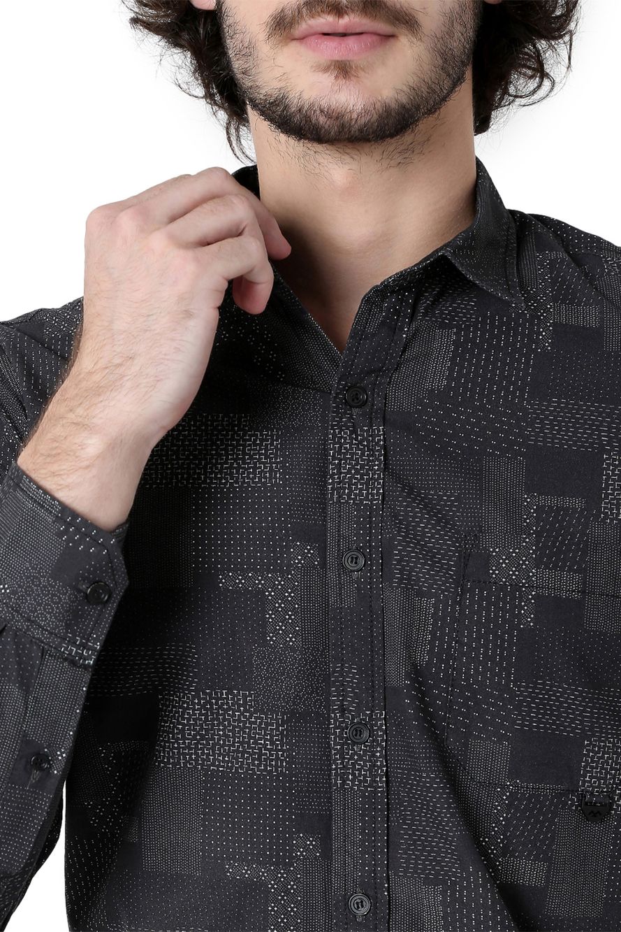 Charcoal & Light Grey Patchwork Print Slim Fit Casual Shirt