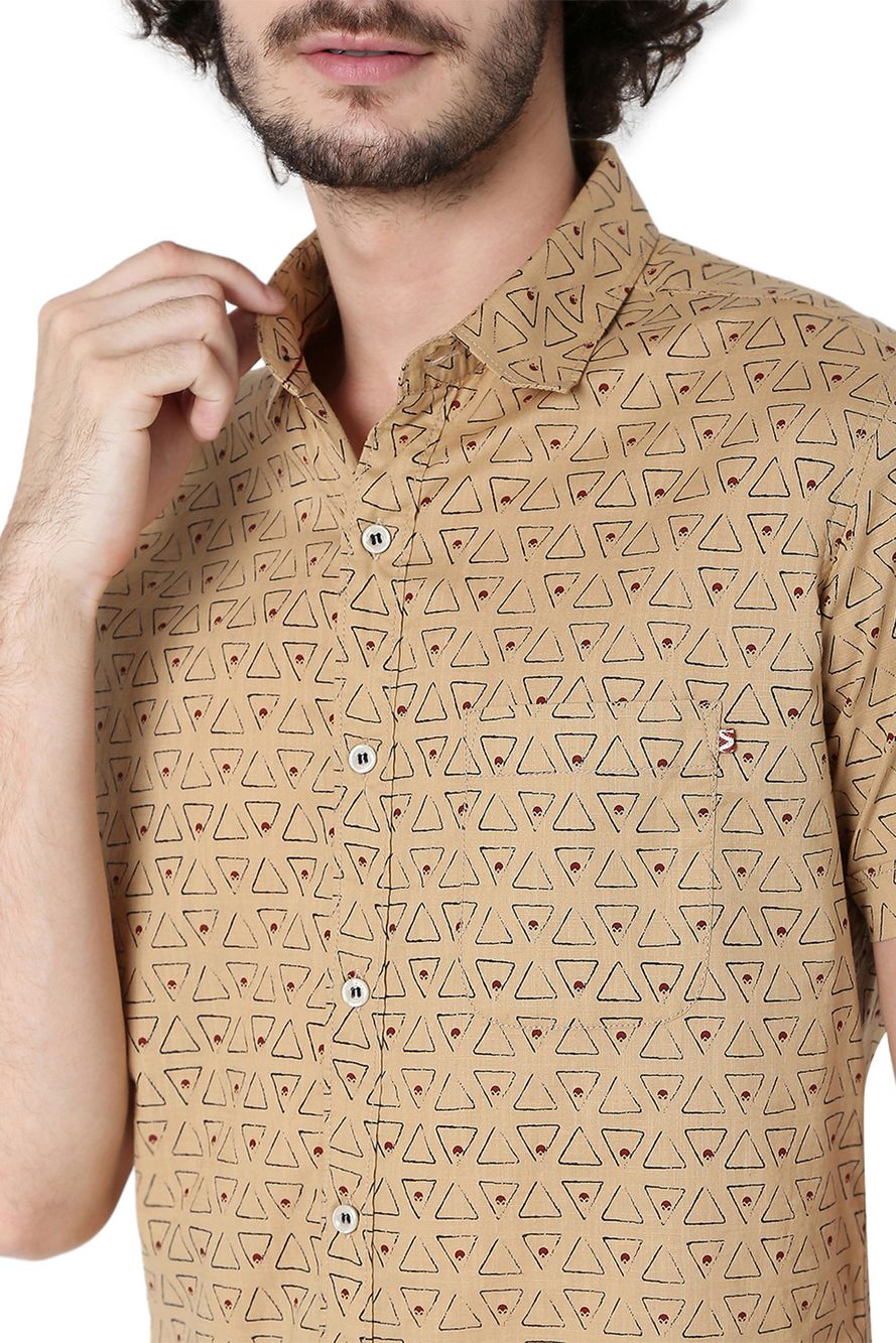 Light Khaki & Rust Geometric Print Slim Fit Casual Shirt