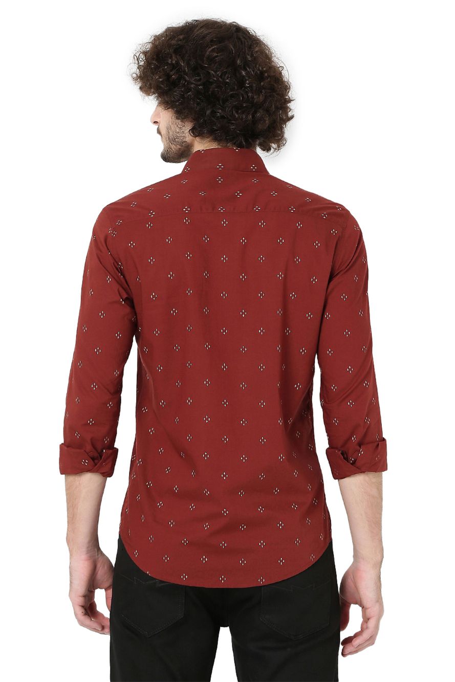 Maroon & Off White Print Slim Fit Casual Shirt