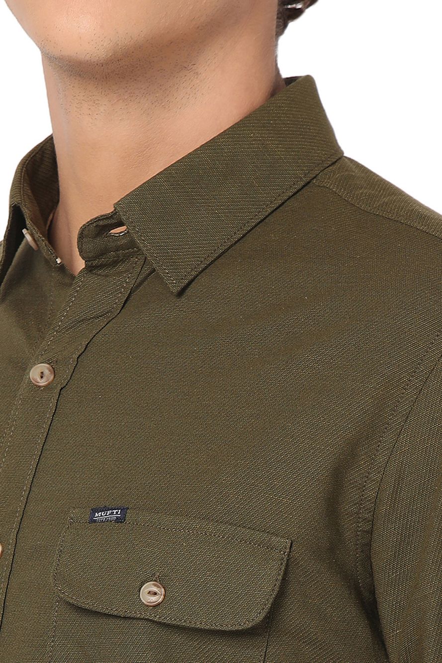 Olive Cotton Linen Military Slim Fit Casual Shirt