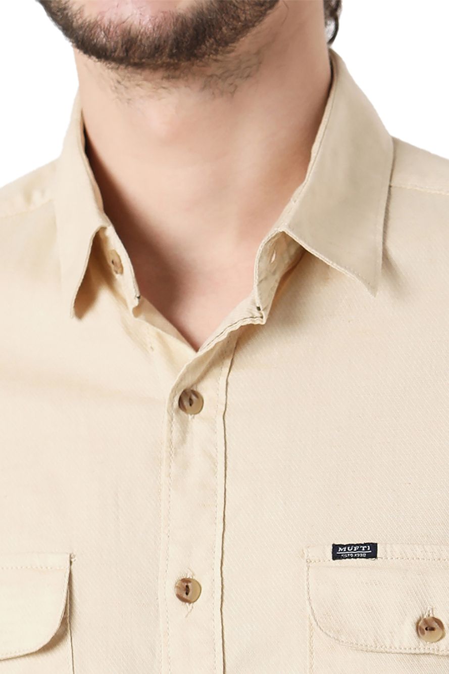 Beige Cotton Linen Military Slim Fit Casual Shirt