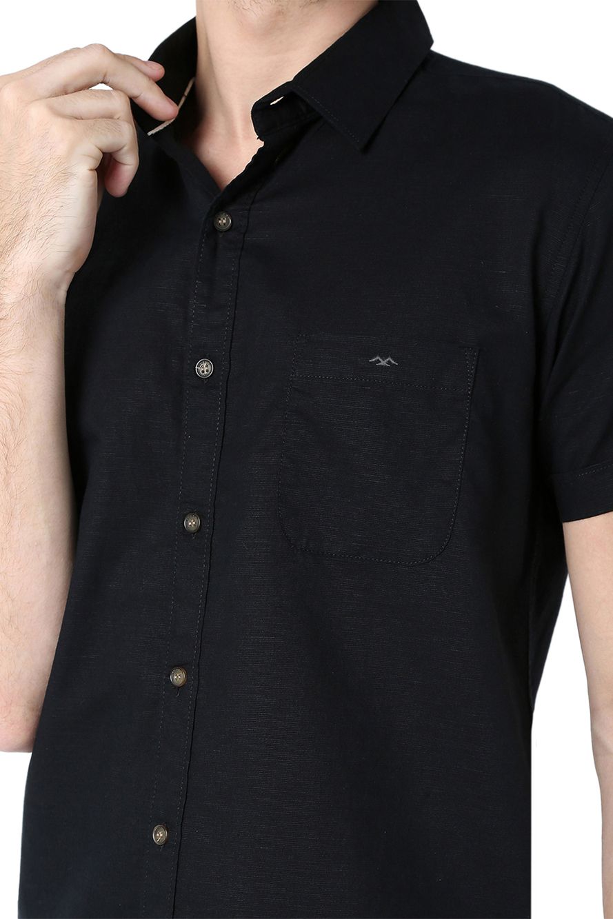 Black Cotton Linen Slim Fit Casual Shirt