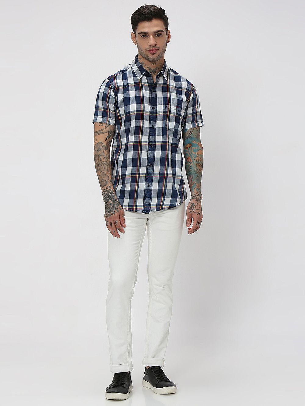 Mid Blue & Red Large Check Slim Fit Casual Shirt