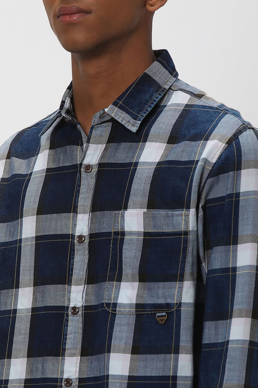 Dark Indigo Blue & White Windowpane Check Denim Shirt