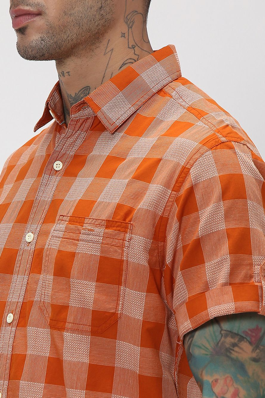 Rust & White Square Check Slim Fit Casual Shirt