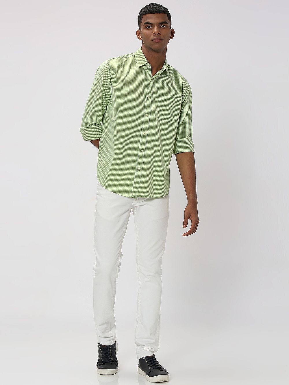 Green & White Gingham Check Slim Fit Casual Shirt