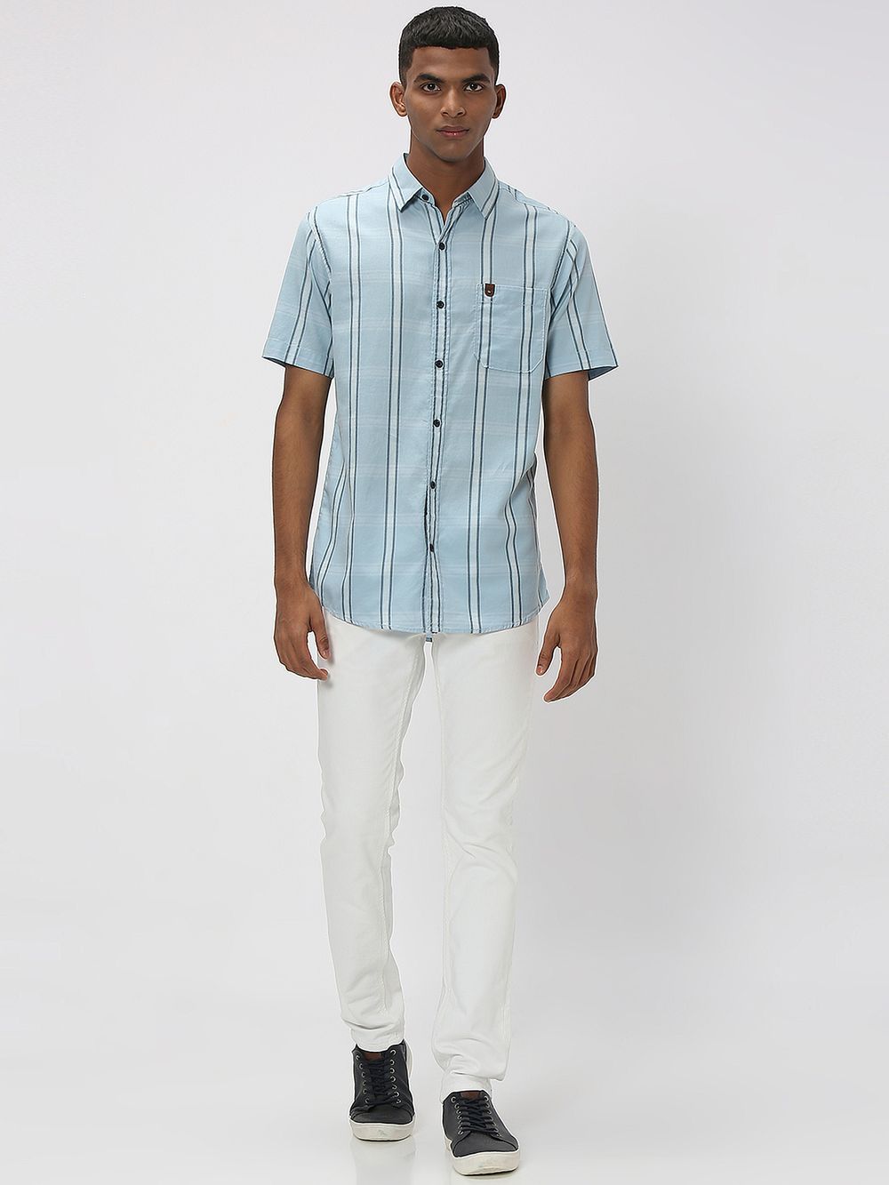 Light Blue & White Large Check Slim Fit Casual Shirt