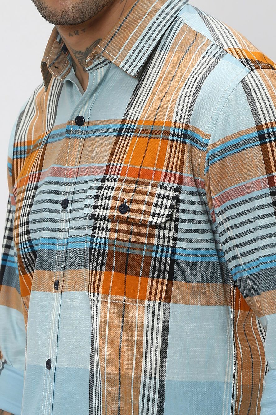 Light Blue & Multi Large Check Slim Fit Casual Shirt