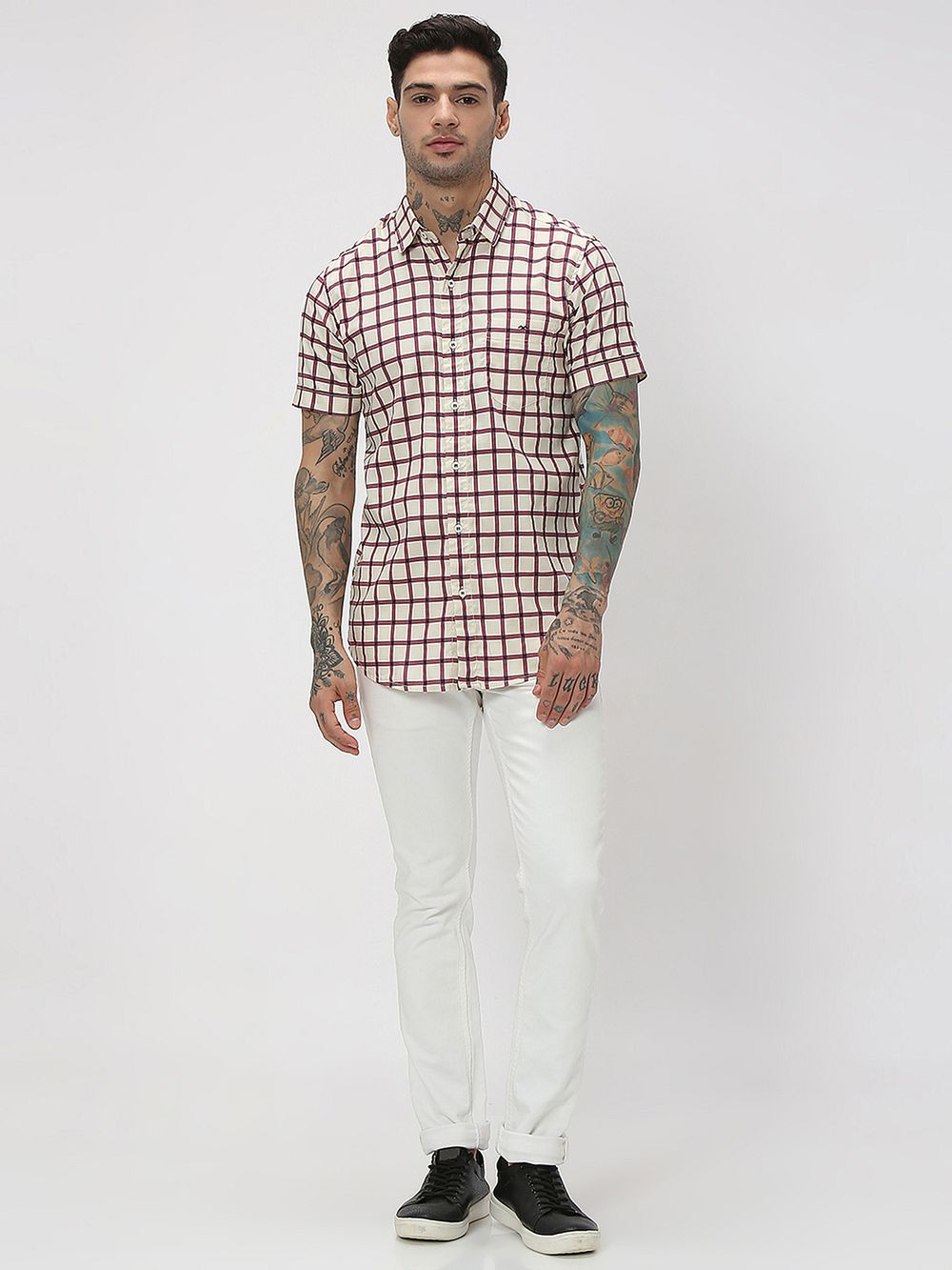 Off White & Pink Grid Check Slim Fit Casual Shirt