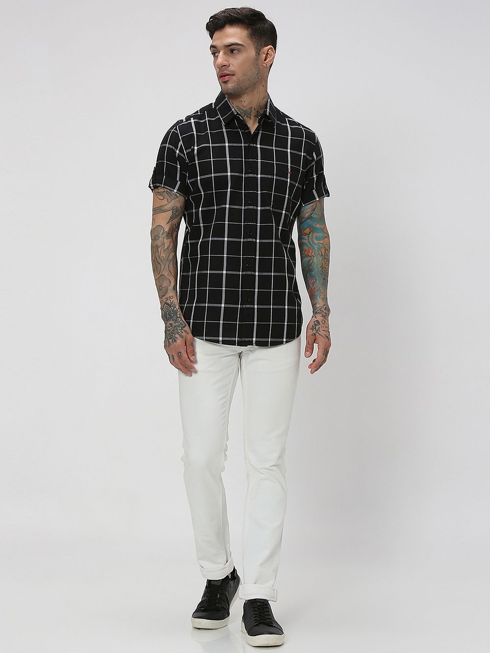 Black & White Windowpane Check Slim Fit Casual Shirt