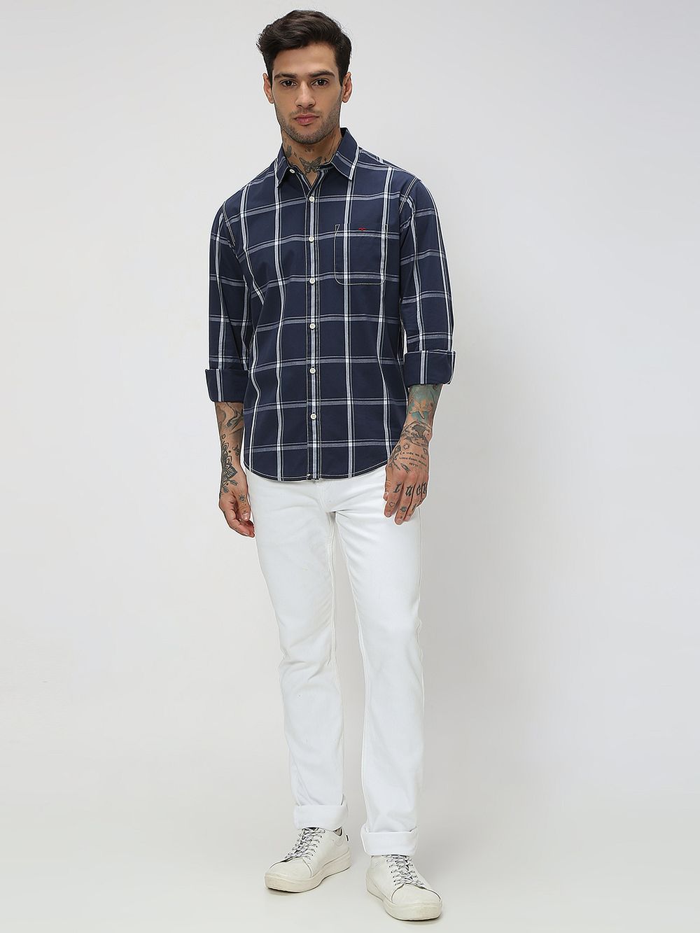 Navy & White Large Check Slim Fit Casual Shirt