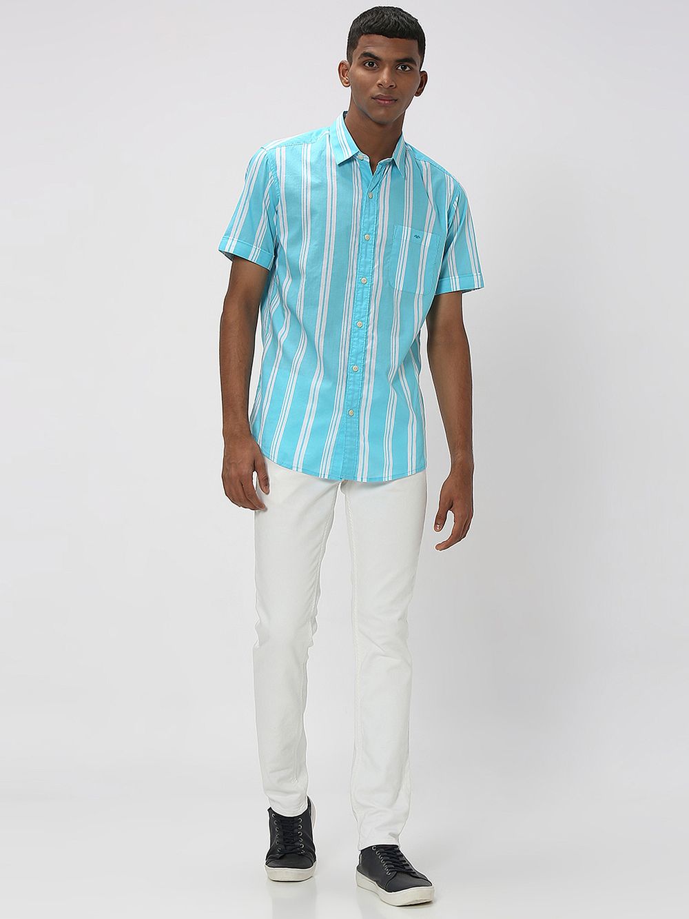 Turquoise & White Stripe Slim Fit Casual Shirt