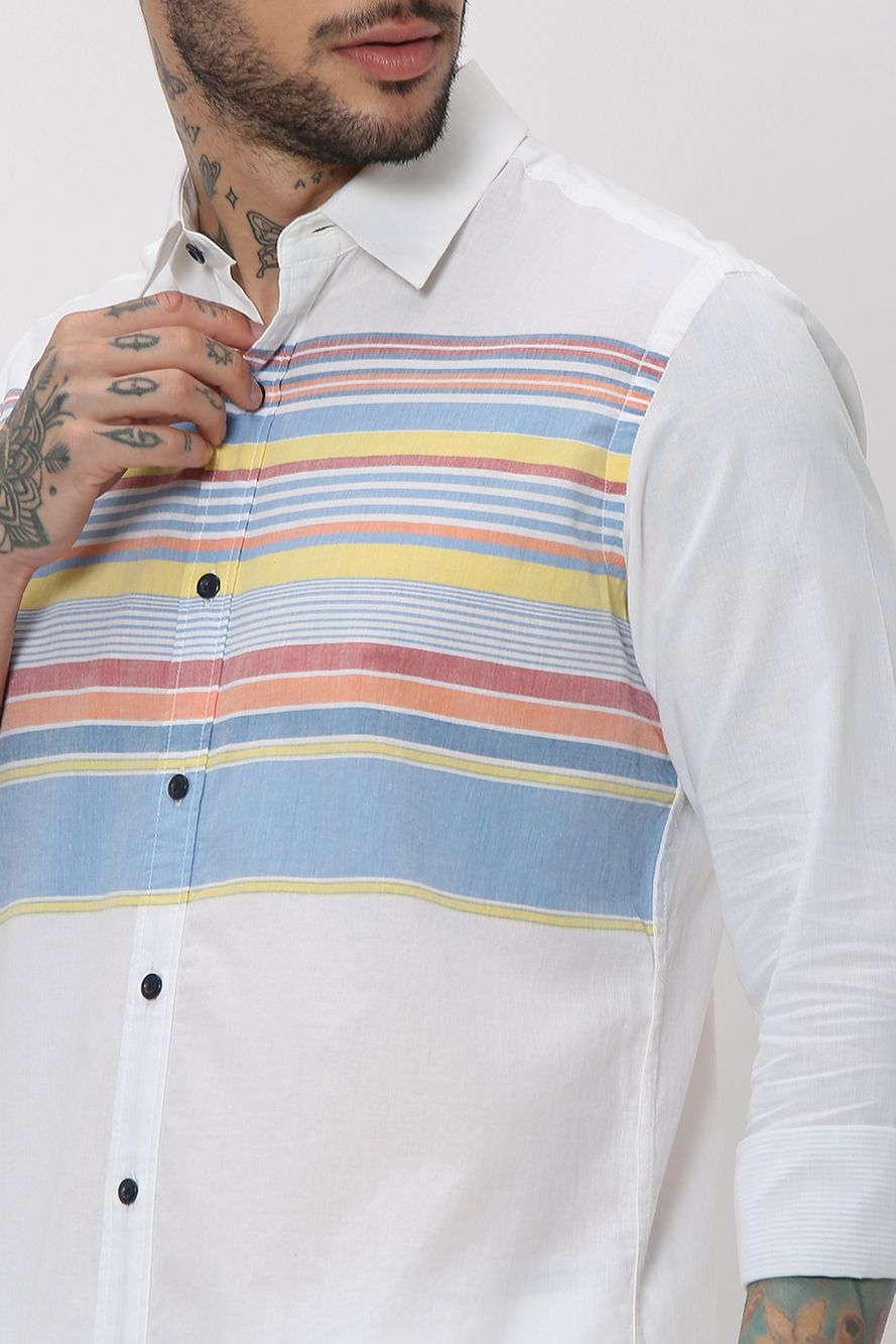 White & Multi Abstract Stripe Slim Fit Casual Shirt