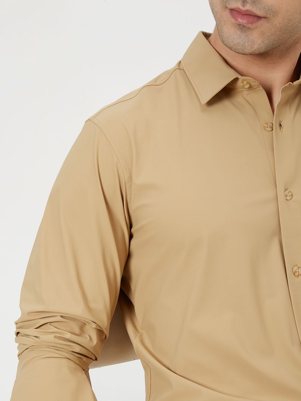 Beige Knitted Plain Stretch Shirt