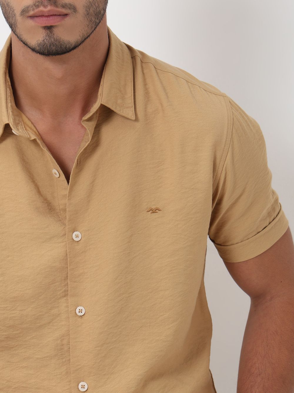 Light Khaki Textured Viscose Blend Plain Slim Fit Casual Shirt