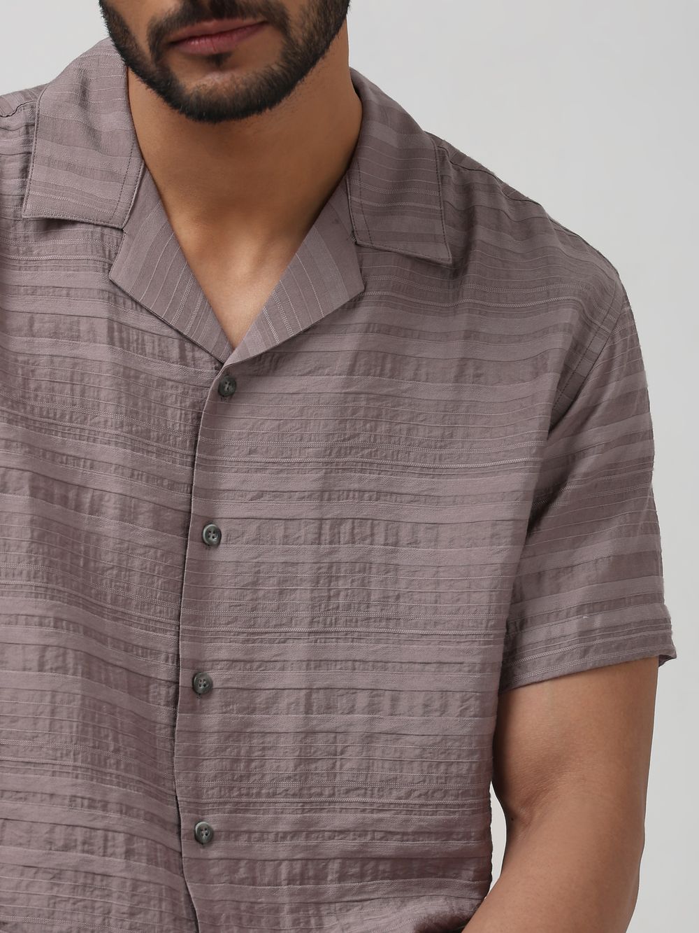 Grey Textured Plain Relaxed Fit Casual Shirt