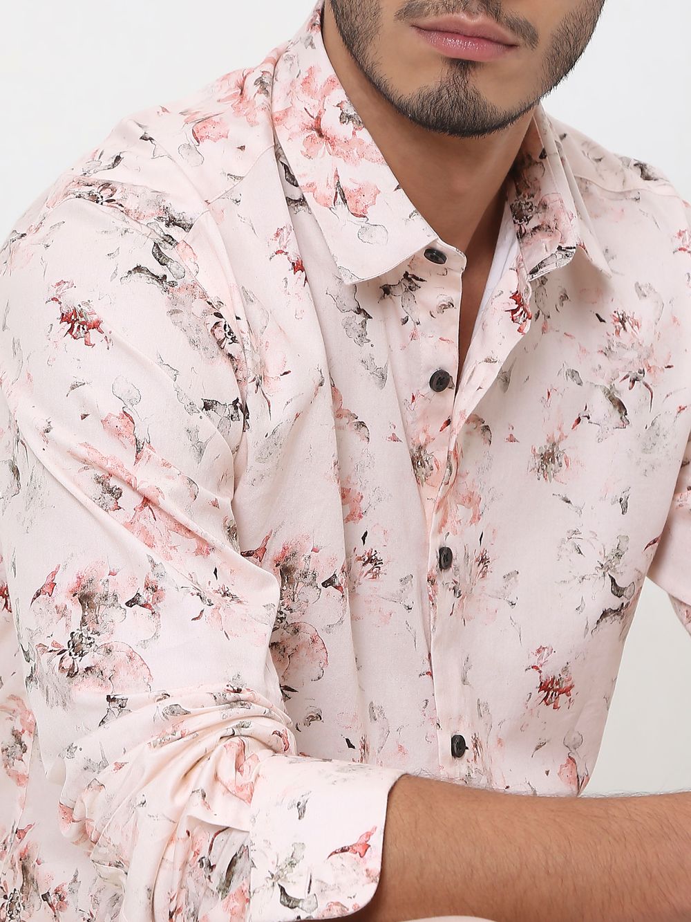 Pink Floral Print Slim Fit Casual Shirt