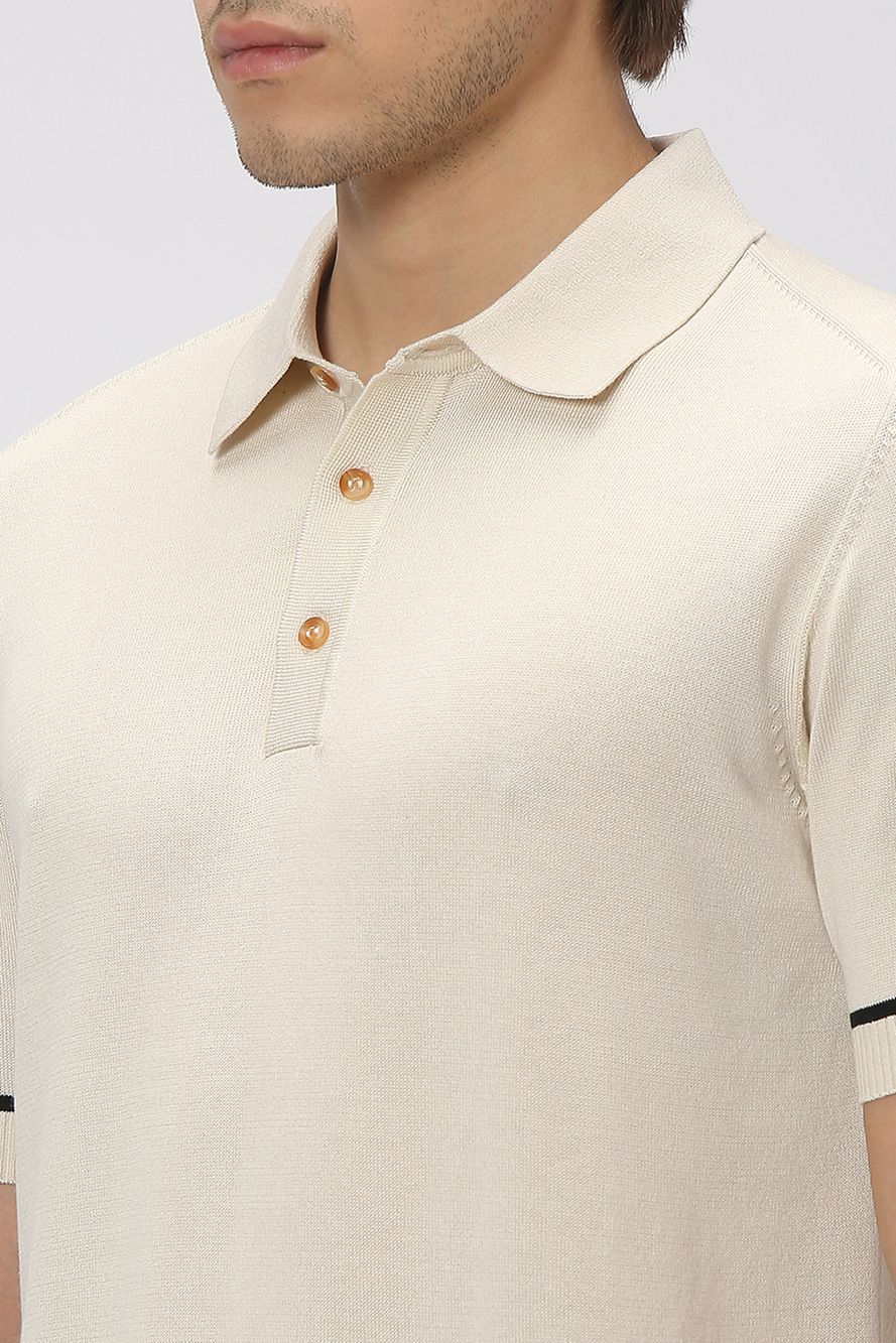 Off White Solid Flatknit Polo