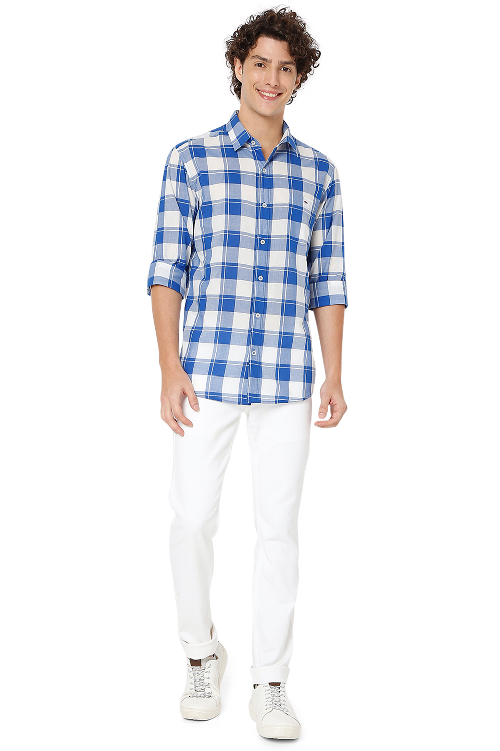 blue shirt with white checks