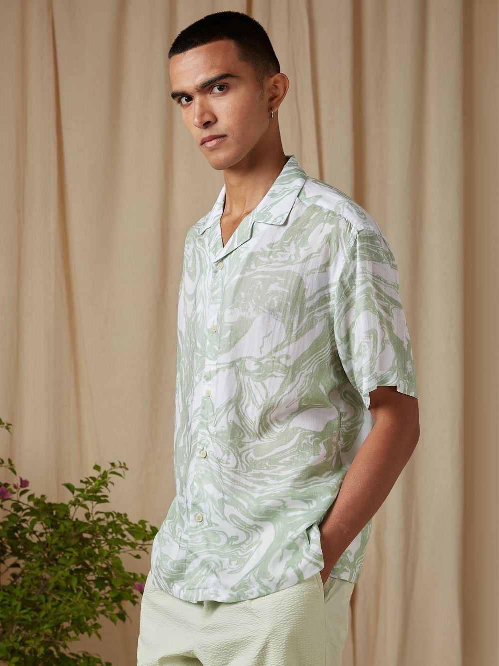 Light Green Marble Print Loose Fit Casual Shirt