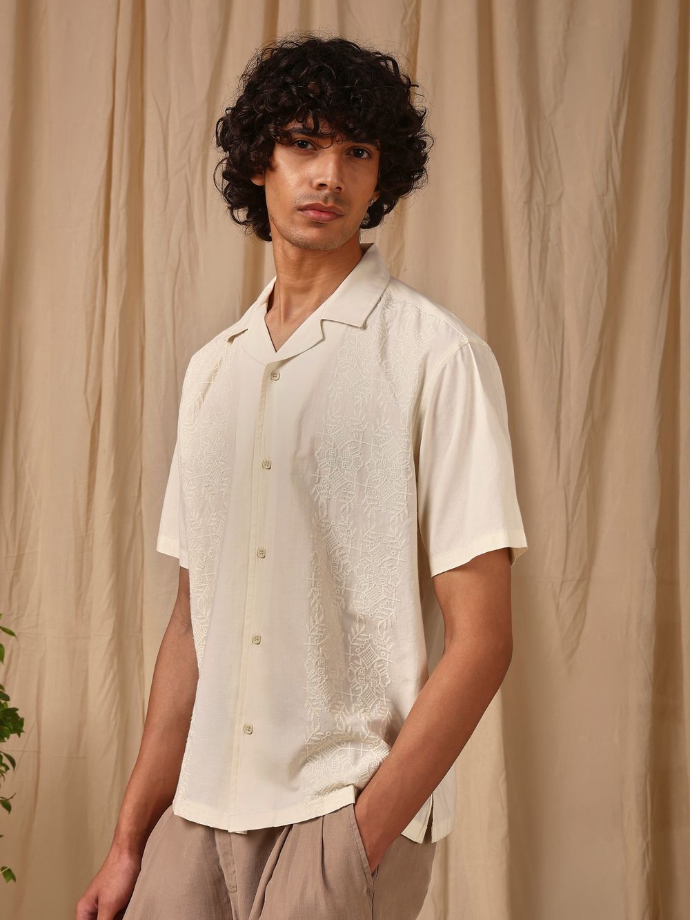 Off White Embroidered Plain Loose Fit Casual Shirt