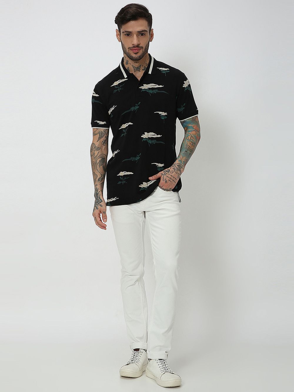 Black & White Print Pique Polo T-Shirt