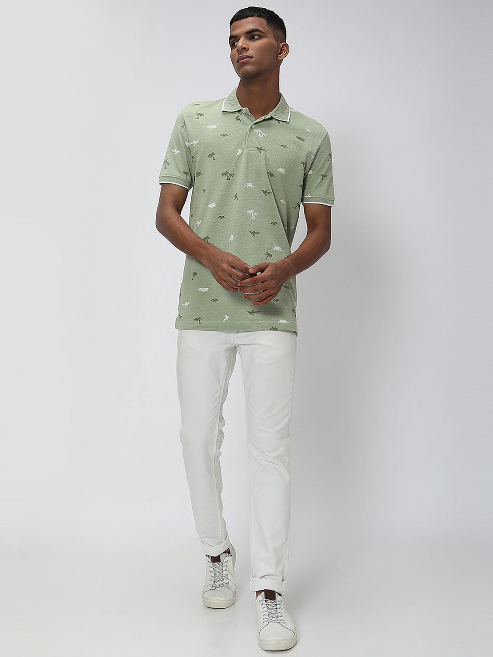 Light Olive & White Palm Print Polo T-Shirt