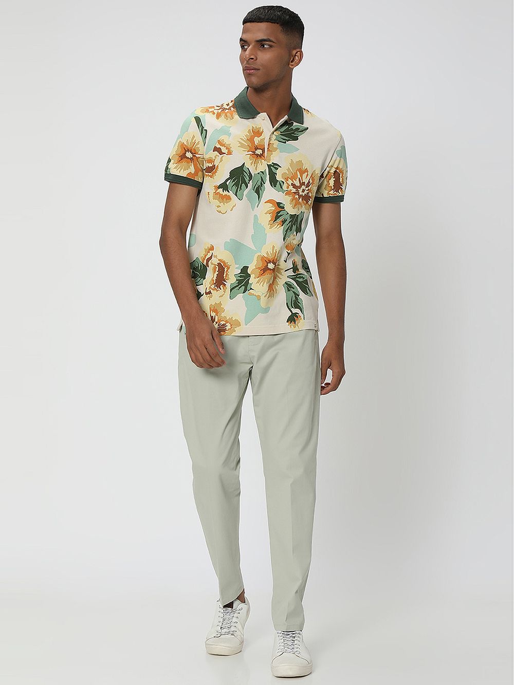 Off White & Green Floral Print Pique Polo T-Shirt