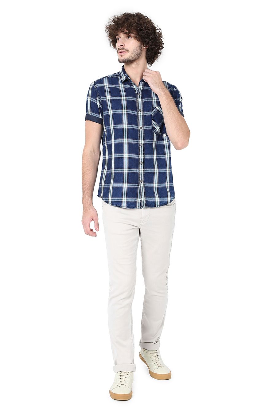 Indigo & White Check Slim Fit Casual Shirt