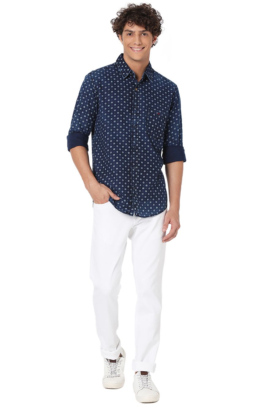 Indigo Blue & White Geometric Print Slim Fit Casual Shirt